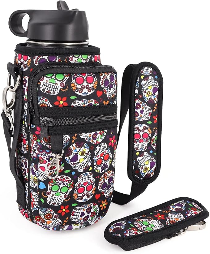 Water Bottle Holder Sling Bag Sleeve Carrier 32oz 40oz 64oz, Insulated Crossbody Water Bottle Case Cover with Padded Strap and 2 Pockets for Walking Hiking Camping - sugar skull tumbler with straw