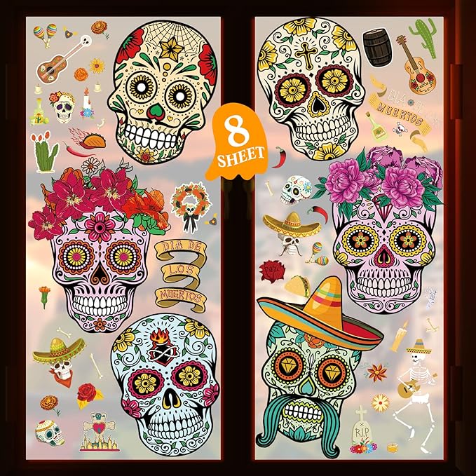 Yerliker 8 Sheet Dia De Los Muertos Decorations - Halloween Sugar Skull Skeleton Window Clings Decals Day of The Dead Removable Glass Stickers for Mexican Halloween Party Decorations - sugar skull vinyl sticker