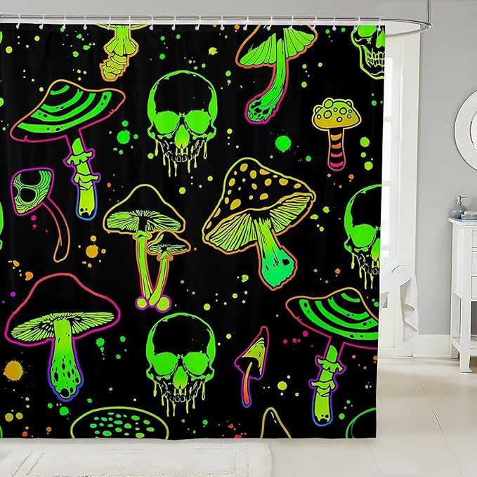 Feelyou Halloween Bath Curtain Cute Mushroom Decor Shower Curtain Sugar Skull Bathroom Shower Curtain Set for Boys Halloween Theme Fluorescent Style Kids Bathroom Accessories 72"x72" - sugar skull shower curtain set