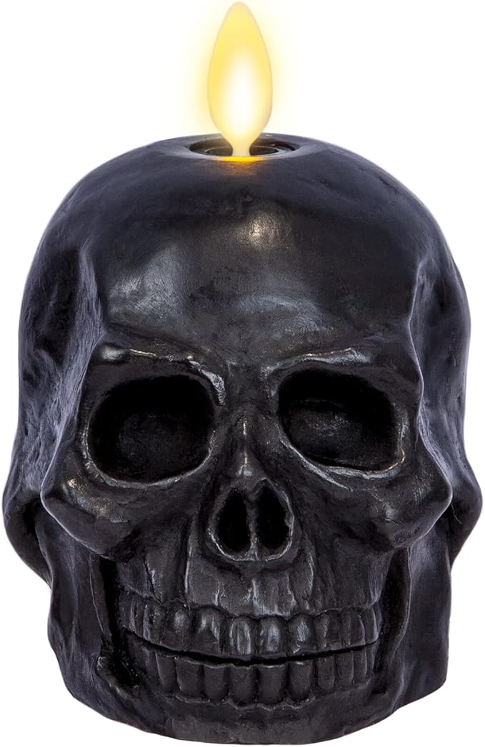 Luminara Flameless Single LED Moving Flame Small Skeleton Skull Figural (3.75" x 4.25") Real Wax LED Candle, Unscented, Timer - Black - sugar skull candle holder