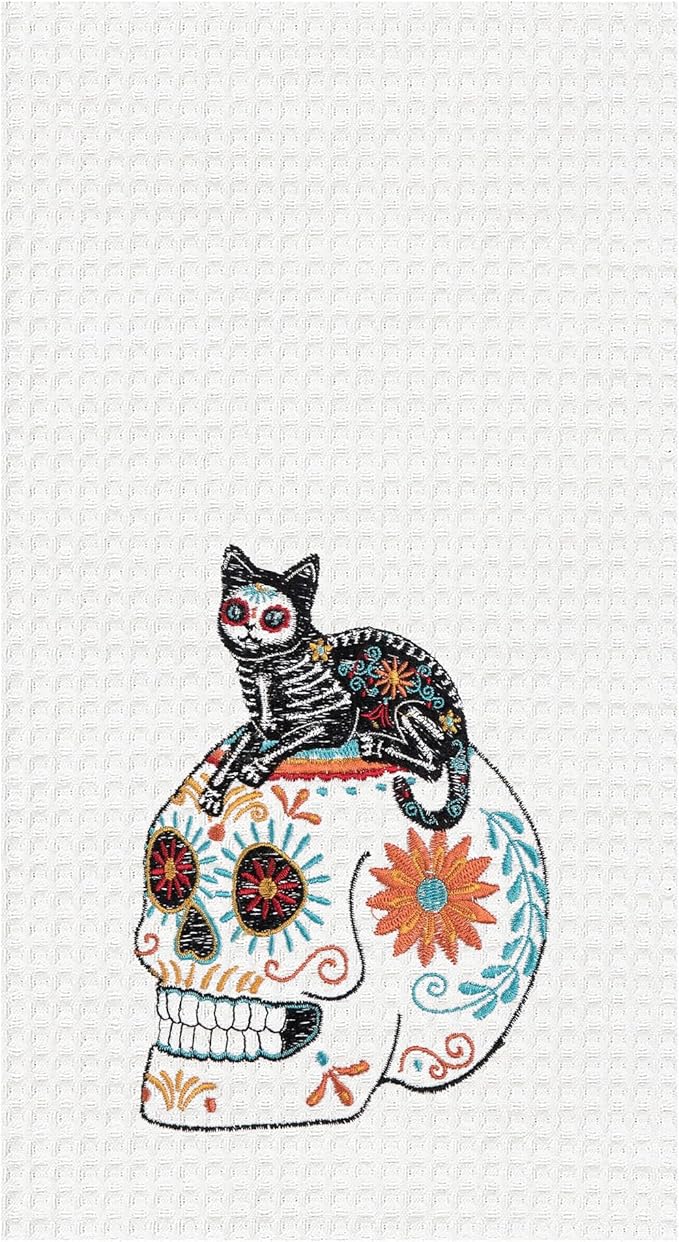 C&F Home Feline Cat Sugar Skull Waffle Weave Dishtowel Fall Halloween Festive Dia de Los Muertos Day of The Day Holiday Drying Dish Hand Towel Kitchen Decor Decoration Multicolored - sugar skull beach towel