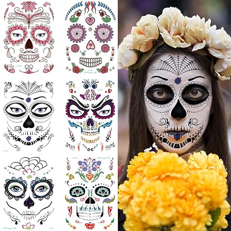 Halloween Temporary Face Tattoo Sticker, Day of The Dead Full Face Makeup for Party Costume Sugar Skull Floral Skeleton Web Red Roses Tattoos(Style A) - sugar skull temporary tattoo