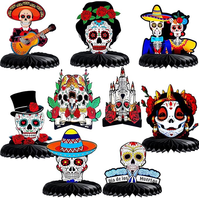 9 Pieces Day of The Dead Honeycomb Table Centerpieces, Halloween Sugar Skull Honeycomb Centerpieces Decorations, Dia De Los Muertos Table Toppers Cutouts Decorations for Halloween Party Favor Supplies - sugar skull figurine collectible