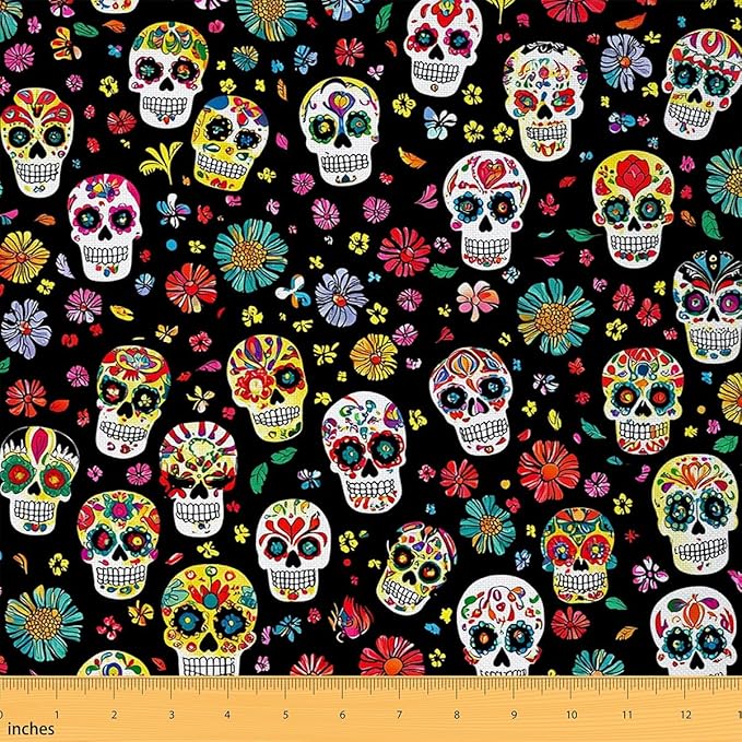 Sugar Skull Boho Floral Leaf Decorative Fabric - Colorful Mandala Flower Indoor/Outdoor, Gothic DIY Art Waterproof - 1 Yard by The Yard - sugar skull apron for women