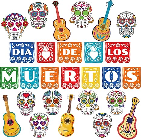 Day of The Dead Cutouts Sugar Skull Classroom Bulletin Board Decorations Colorful Skull Halloween Theme Party Supplies for Toddler Kids Students Classroom Decors - sugar skull figurine collectible