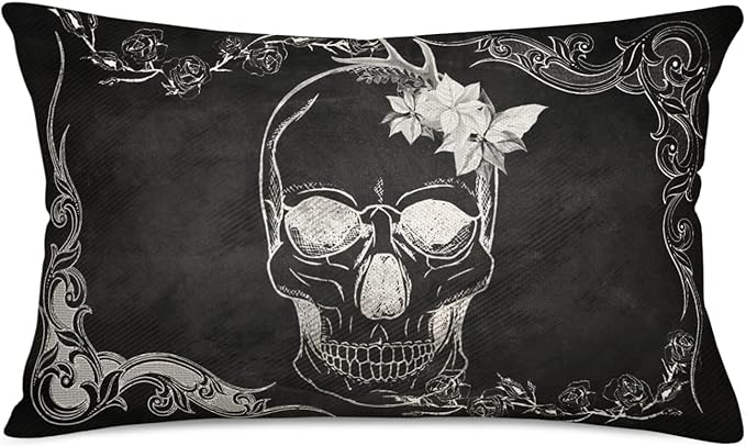 Fukeen Halloween 12x20 Inch Pillow Covers Sugar Skull Flowers Gothic Design Skeleton All Saints Day Goth Throw Waist Pillow Cases Black White Home Sofa Couch Decor Cushion Cover Cotton Linen - sugar skull throw pillow