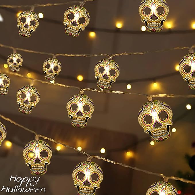 Halloween String Lights, Skull String Light Hallo ween Fall Fairy Light Battery/USB Powered Optional 2 Modes Cute Lights 2025 Indoor Outdoor Decor for Home Yard Patio (30 LED Halloween String Lights) - sugar skull christmas decorations