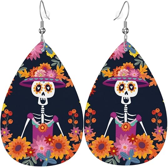 Dia De Los Muertos Mexican Day Skull Faux Leather Teardrop Earrings for Women Drop Dangle Earrings Gift - sugar skull flower crown