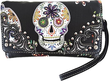 Sugar Skull Day of the Dead Cross Bone Studs Punk Gothic Art Rivet Studded Women Wristlet Trifold Wallet (#3 Black) - sugar skull wallets for women