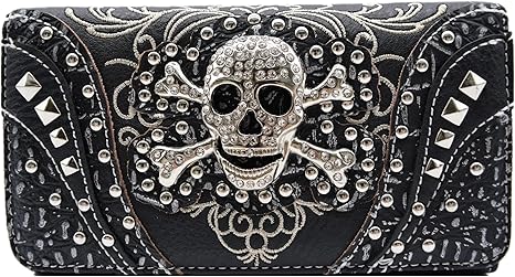 Sugar Skull Day of the Dead Cross Bone Studs Punk Gothic Art Rivet Studded Women Wristlet Trifold Wallet (#2 Black) - sugar skull handbags for sale