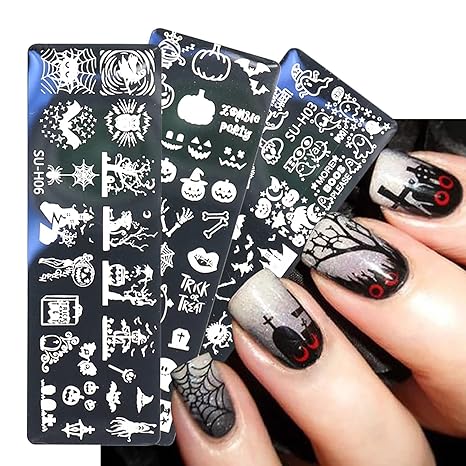 Halloween Nail Stamper Kit: 6 Pcs Stamp Template Plates with 1 Stamper, 1 Scraper - Horror, Ghost, Pumpkin, Skull, Bone Images - DIY Nail Art Set - sugar skull nail art