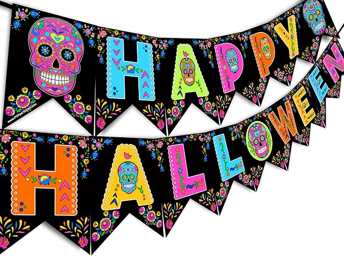 Sugar Skull Happy Halloween Banner Pennant - Sugar Skull Party Supplies - Halloween Decorations - HH - sugar skull christmas decorations