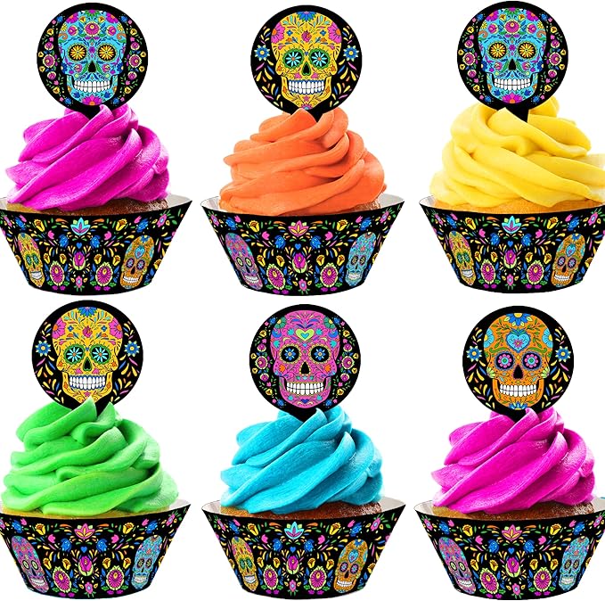 Sugar Skull Cupcake Toppers and Wrappers - 48 Pieces Total - 24 Toppers and 24 Wrappers - Day of the Dead Party Supplies - Halloween Party Supplies - Halloween Party Decorations - cupcake - sugar skull coffee cup