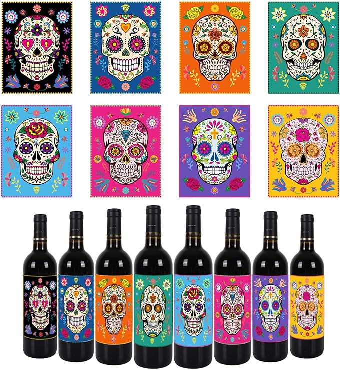 Whaline 32Pcs Halloween Skull Wine Bottle Stickers Day of The Dead Colorful Sugar Skull Wine Bottle Labels 8 Style Halloween Mexican Waterproof Bottle Labels for Day of The Dead Party - sugar skull vinyl sticker