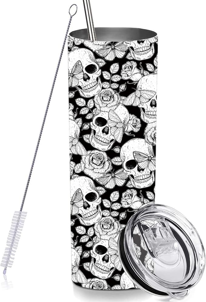 Black Skull Skinny Tumbler Cup with Straw Lid, 20 OZ Floral Calavera Insulated Vacuum Halloween Slim Travel Coffee Mug for Skull Lover - sugar skull tumbler with straw