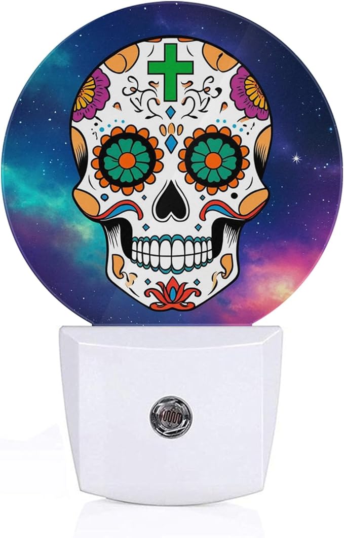 Axayaz Skull Dusk to Dawn Round Night Light Galaxy Nebula Cool Floral Sugar Skull Skeleton Head Halloween Day of The Dead Auto Sensor Lamp Home Indoor Stairway Kitchen Corridor - sugar skull table lamp