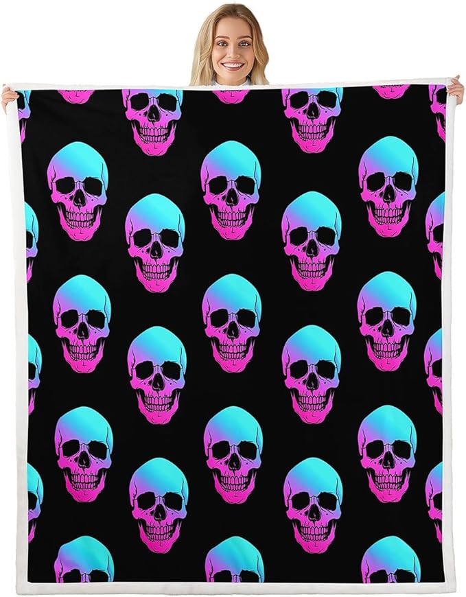 Erosebridal Sugar Skull Blanket Gradient Skeleton Throw Blanket for Sofa Teal Pink Gothic Hippie Fleece Blanket Baby Size Neon Skull on Black Travel Blanket Cool Style Bedroom Decor for Boys Men - sugar skull throw blanket