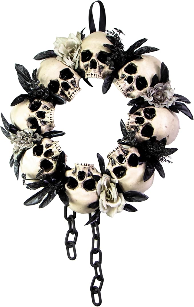 Haunted Hill Farm 15.7-in. Skulls and Chains Wreath - Spooky Halloween Door or Wall Decor, White, Black, and Gray - sugar skull wreath for front door