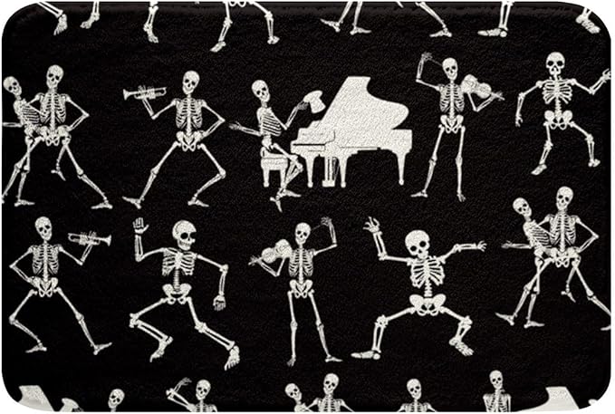 Erosebridal Sugar Skull Bathroom Rugs Funny Skeleton Halloween Decorations,Cartoon Gothic Spooky Bone Rug 20"x32",Black and White Door Mat Piano Music Halloween Decor - sugar skull toilet mat set