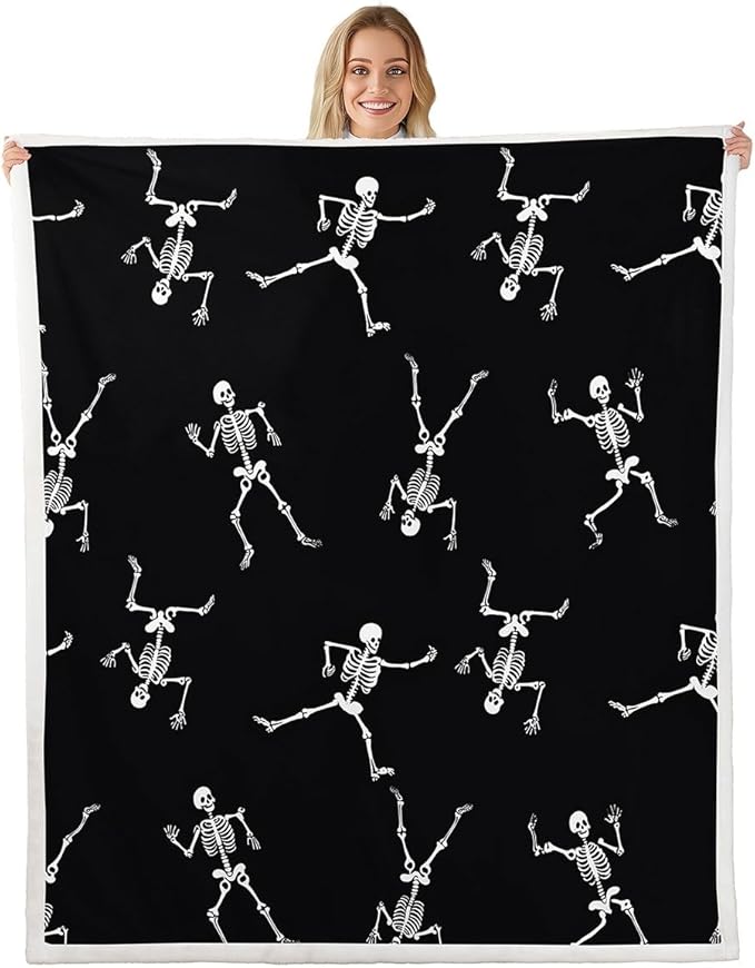Erosebridal Sugar Skull Blanket Funny Skeleton Halloween Decorations,Cartoon Gothic Spooky Bone Throw Blanket 40"x50",Black and White Fleece Blanket Horror Sci-Fi Halloween Decor - sugar skull throw blanket