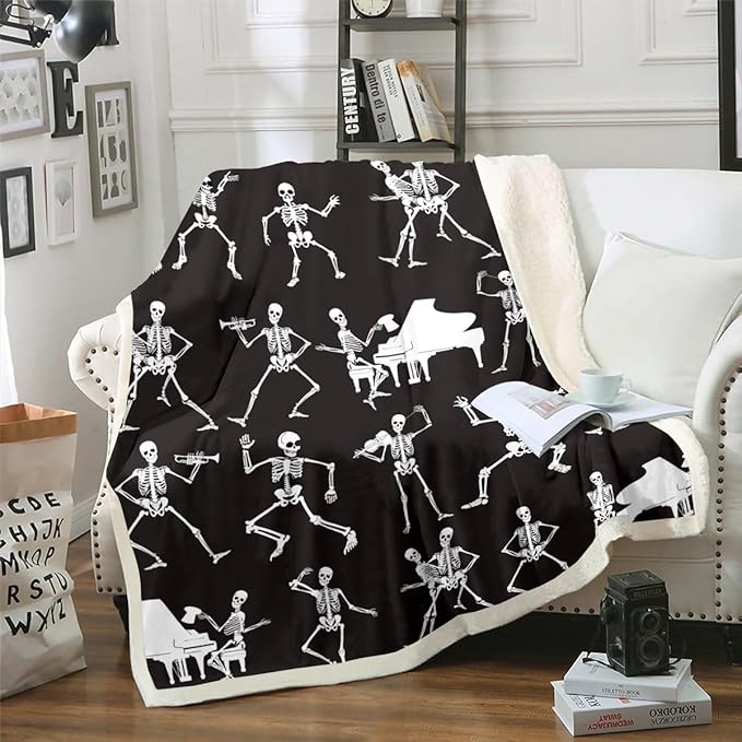 Erosebridal Sugar Skull Blanket Funny Skeleton Halloween Decorations,Cartoon Gothic Spooky Bone Throw Blanket 40"x50",Black and White Fleece Blanket Piano Music Halloween Decor - sugar skull throw blanket