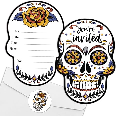 REWIDPARTY Halloween Sugar Skull Party Invitations with Envelopes & Stickers（Set of 15） Shaped Fill-in Invitations Day of the Dead Party Supplies Decorations Party Celebration Cards for Kids Adults - sugar skull vinyl sticker
