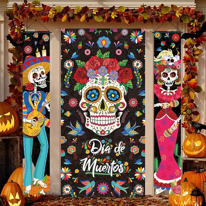 3 Pieces Day of the Dead Porch Sign, Mexican Dia De Los Muertos Party Door Decorations, Day of the Dead Sugar Skull Door Banner for Halloween Home Bathtub Birthday Fiesta Party, 11.8 x 70.9 Inches - sugar skull wreath for front door
