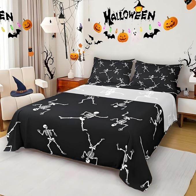 Erosebridal Sugar Skull Sheet Set Funny Skeleton Halloween Decorations,Cartoon Gothic Spooky Bone Bed Sheets Full Size,Black and White Fitted Sheet Horror Sci-Fi Halloween Decor - sugar skull bedding set