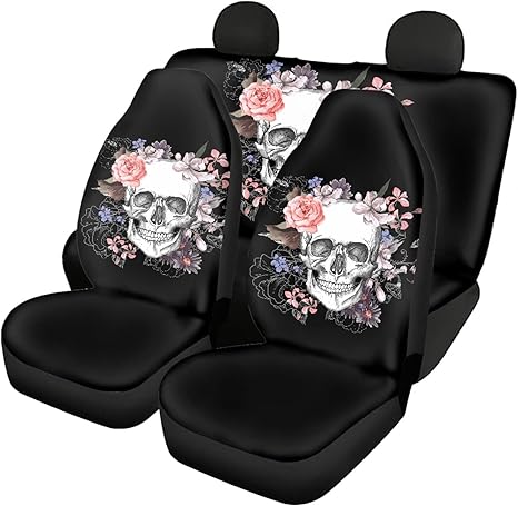 Foruidea Car Seat Cover Full Set Sugar Skull Flower Car Seat Covers for Car Auto Seats Protector Front and Rear Bench Seats Fit Most Cars,SUV,Sedan,Trucks - sugar skull car seat covers set