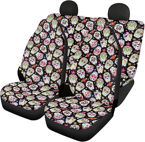 Foruidea Car Seat Cover Full Set Day of The Dead Sugar SKU Car Seat Covers for Car Auto Seats Protector Front and Rear Bench Seats Fit Most Cars,SUV,Sedan,Trucks - sugar skull car seat covers set