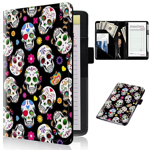 Server Books for Waitress with Zipper Pocket - Sugar Skulls Waitress Book Leather Booklet Waiter Money Organizer Wallet, Restaurant Guest Check Book Holder Presenter Fit Server Aprons - sugar skull apron for women