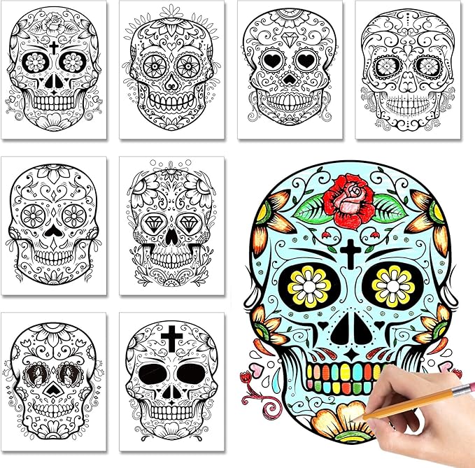 32 Pieces Day of The Dead Coloring Posters Sugar Skull Paper Coloring Poster for Kids or Adults Halloween and Dia De Los Muertos Craft Painting Activity - sugar skull poster print