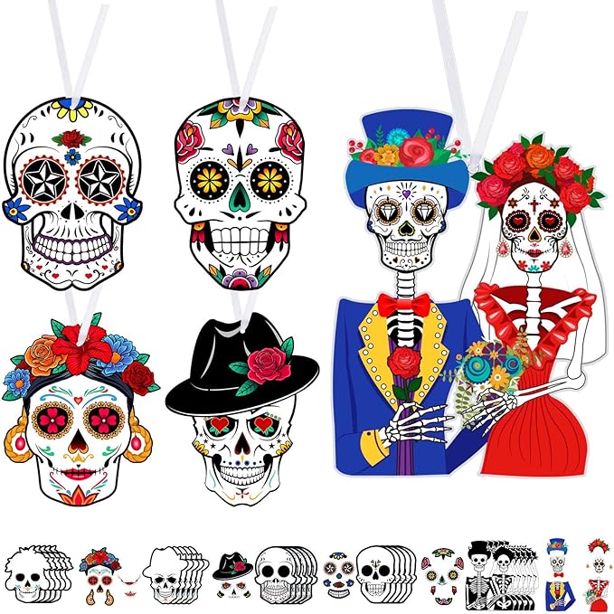 Funrous 25 Sets Day of The Dead Sugar Skull Decorations Dia De Los Muertos Crafts DIY Colorful Skeleton Halloween Skull Hanging Ornament with Rope for Halloween Mexican Party Decorations Supplies - sugar skull christmas ornament