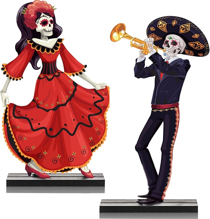 Vicenpal 2 Pieces Day of The Dead Centerpiece Wooden Sugar Skull Signs Dancing Couple Sugar Skull Decor Day of The Dead Decor Mexican Dia De Los Muertos Decorations for Table Halloween Party - sugar skull figurine collectible