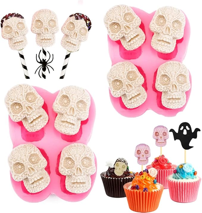 Cestony Halloween 2Pcs 4 Cavity Skull Chocolate Silicone Molds for DIY Cake Fondant Biscuit Cookies Soap Sugar Pudding Chocolate Hard Candies Dessert Candle Decor - sugar skull christmas decorations