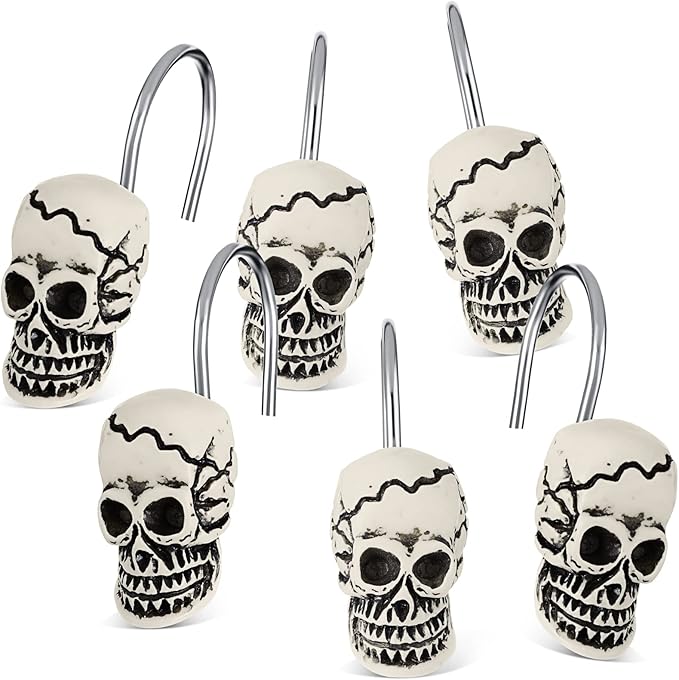 Jetec 12 Pcs Skull Shower Curtain Hooks Halloween Shower Rings Decorative Skeleton Curtain Hook Rings Stainless Steel Bathroom Hooks with Skull Decor for Home Halloween (Spooky Style) - sugar skull shower curtain set