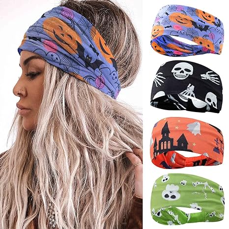 Olbye Headband - Wide Headbands for Women, Halloween Hairbands, Ghost Nonslip Turban Head Wraps, Workout Skull Cosplay Hairband, Yoga Hair Scarfs, 4 Count (Pack of 1), Polyester, Spandex - sugar skull flower crown