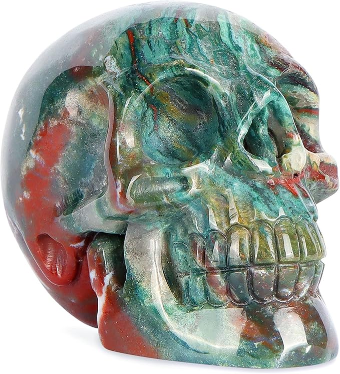 3.0" Ocean Jasper Crystal Skull Head Decor Figurine Healing Stone Carved Sugar Skull Stutue Sculpture Ornament for Day of Dead Decorations Home Office - sugar skull christmas ornament