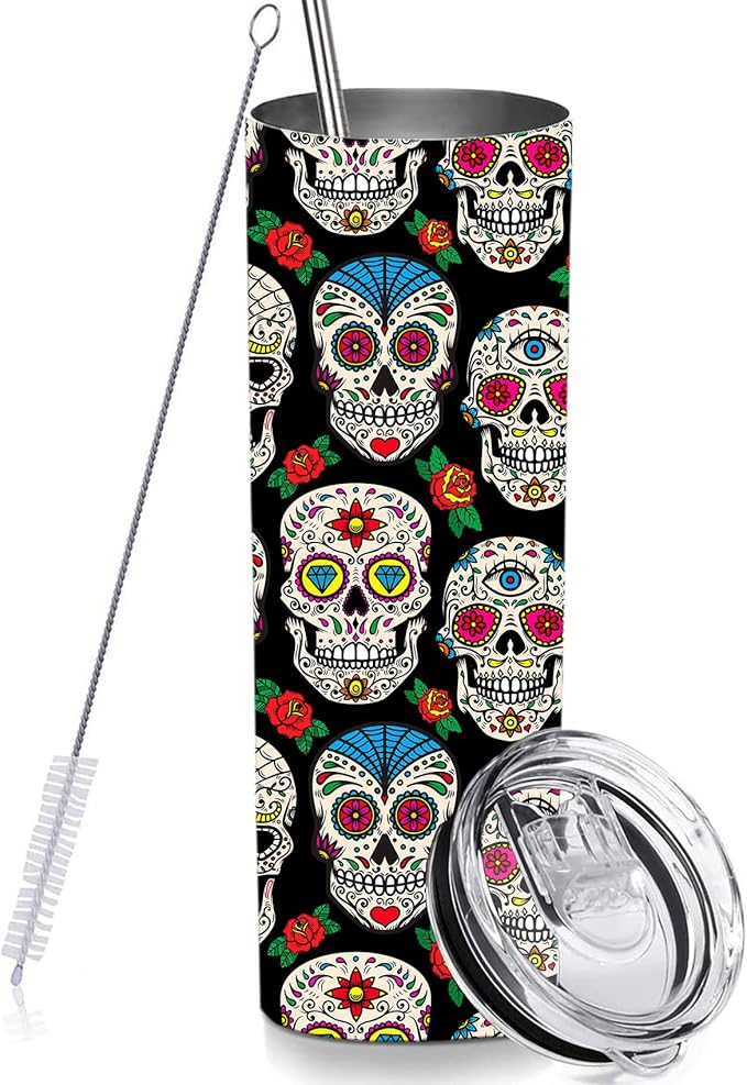 Sugar Skull Skinny Tumbler Cup with Straw Lid, 20 OZ Stainless Steel Insulated Vacuum Slim Travel Coffee Mug for Skull Lover - sugar skull coffee cup
