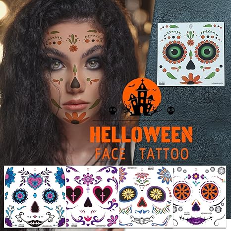 Day of the Dead Tattoo Stickers Halloween Face Temporary Tattoo Decals Spider Web Rose Flower Stickers for Kids Adults Face Art Decoration Halloween Party Fake Decor Stickers - sugar skull temporary tattoo