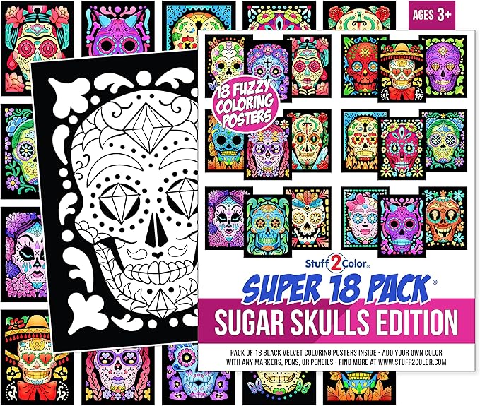 Stuff2Color Super Pack of 18 Fuzzy Velvet Coloring Posters (Sugar Skulls Edition) - Great Kid Friendly Halloween, Day of the Dead, Dia de los Muertos Arts and Craft Activity [All Ages Fun] (1 Pack) - sugar skull poster print