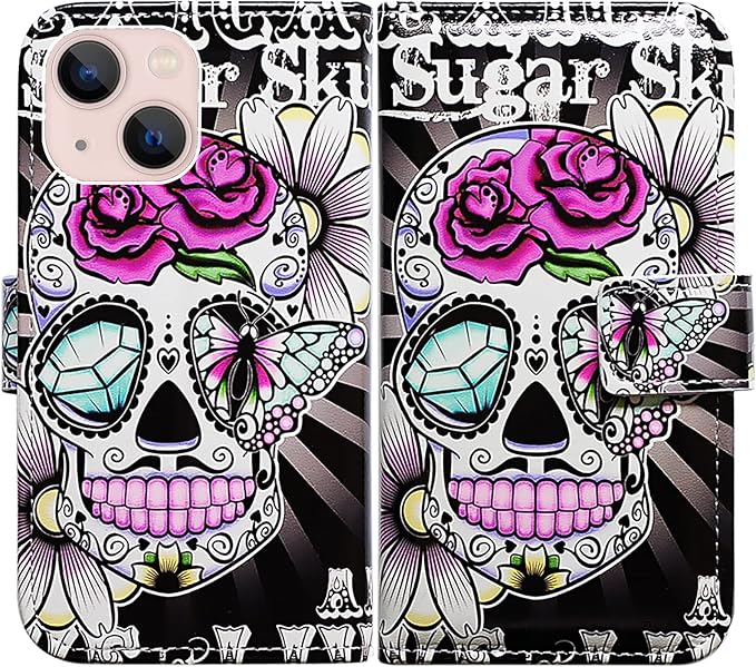 Bcov Case for iPhone 14, Purple Flower Sugar Skull Leather Flip Phone Case Wallet Cover with Card Slot Holder Kickstand for iPhone 14 - sugar skull handbags for sale