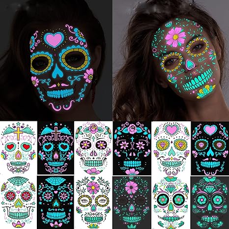 Halloween Day of Dead Face Tattoos, Neon Sugar Skull Tattoo, 6-Sheet Shimmer Designs Glow UV Neon Body Skin Tattoo Stickers for Men Boys Body Art - sugar skull flower crown