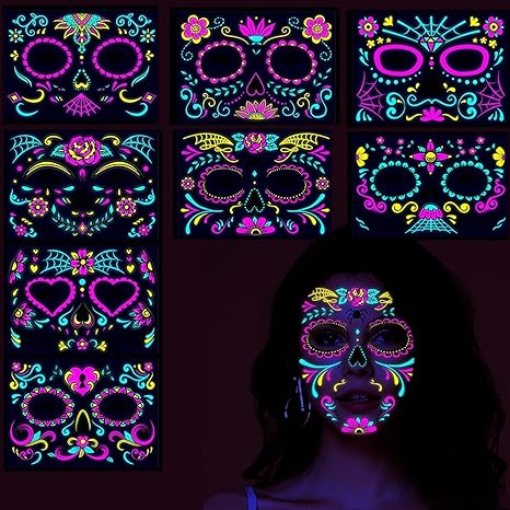 Halloween 8 Sheets Luminous Temporary Tattoos Face Stickers, Make up Glow in Dark Sugar Skull, Floral Black Skeleton Red Roses Face Stickers Adults Kids Party Ball Makeup Sticker Flash Tattoo - sugar skull temporary tattoo
