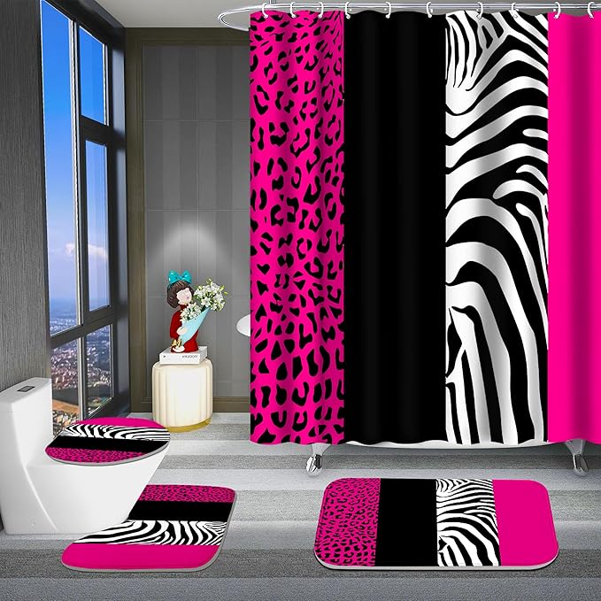 Poedist 4 Pcs Bathroom Shower Curtain Set,Rosy Leopard Print Shower Curtain Bright Style Shower Curtain Sets with Rugs(Bath Mat,U Shape and Toilet Lid Cover Mat) and 12 Hooks - sugar skull shower curtain set