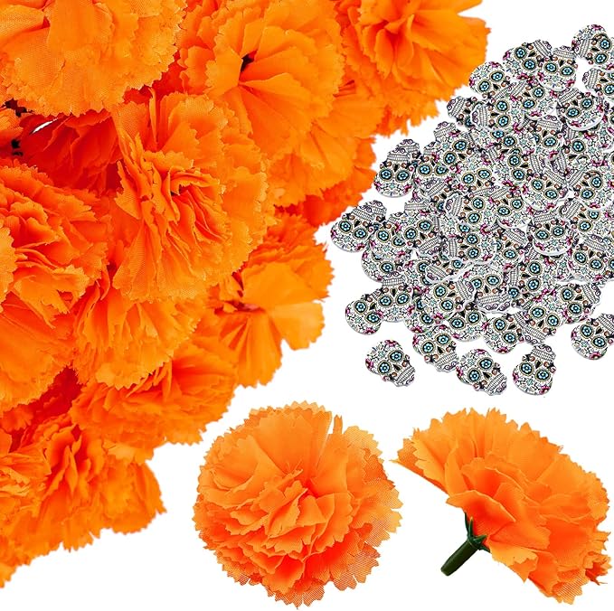 WILLBOND 50 Pieces Artificial Marigold Flowers and 50 Pieces Sugar Skull Day of The Dead Decor Dia De Los Muertos Decor for Diwali, Indian Festival, DIY Marigold Garland Wedding Halloween Decoration - sugar skull wreath for front door