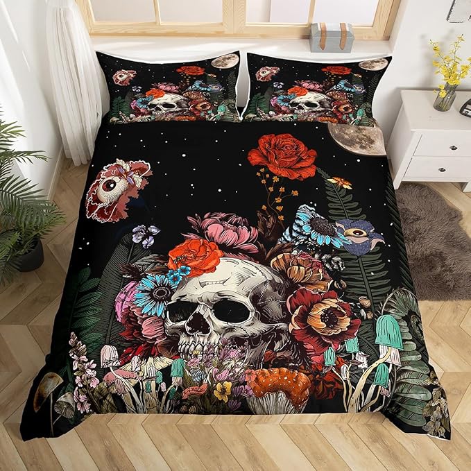 Erosebridal Sugar Skull Bedding Set,Botanical Flower Duvet Cover for Kids Boys Girls Home Decor,Starry Sky Comforter Cover with Zipper Clousure Halloween Gothic Quilt Cover 3Pcs,Queen Size - sugar skull bedding set