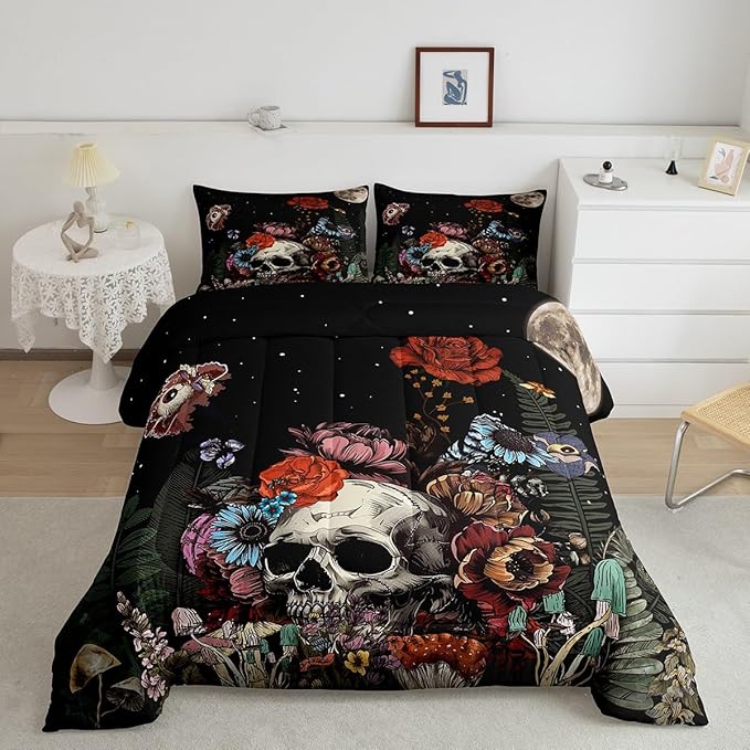 Erosebridal Sugar Skull Bedding Set,Botanical Flower Comforter Set for Kids Boys Girls Home Decor,Starry Sky Duvet Set Trippy Galaxy,Halloween Gothic Down Comforter Soft Lightweight 2Pcs,Twin Size - sugar skull bedding set