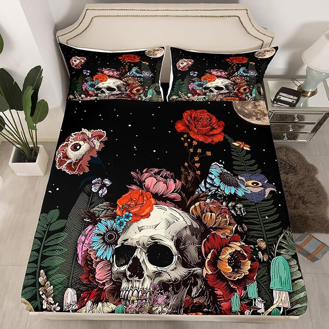 Erosebridal Sugar Skull Bedding Set,Botanical Flower Mushroom Fitted Sheet for Kids Boys Girls Home Decor,Starry Sky Bed Sheet with Deep Pocket Halloween Gothic Fitted Bed Sheets 3Pcs,Full Size - sugar skull bedding set