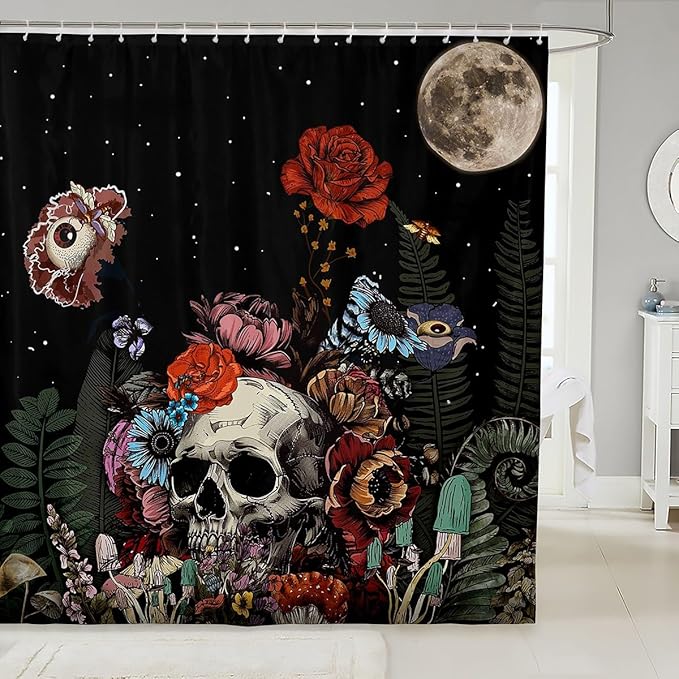 Sugar Skull Bathroom Shower Curtains,Botanical Flower Shower Curtain For Kids Boys Girls,Starry Sky Bath Curtain Set With Hooks Halloween Gothic Shower Stall Curtain Waterproof,72"W X 72"L - sugar skull toilet mat set